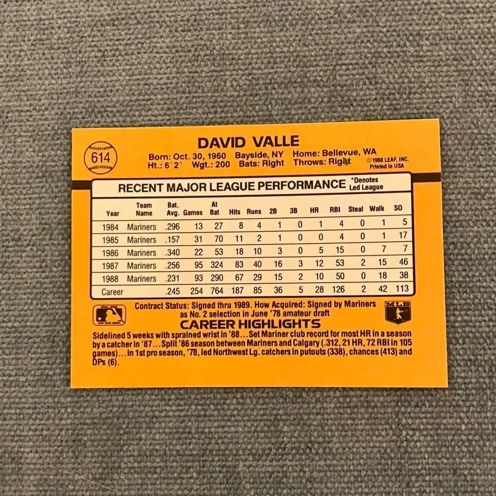 1989 Donruss Seattle Mariners Baseball Card Trading Card